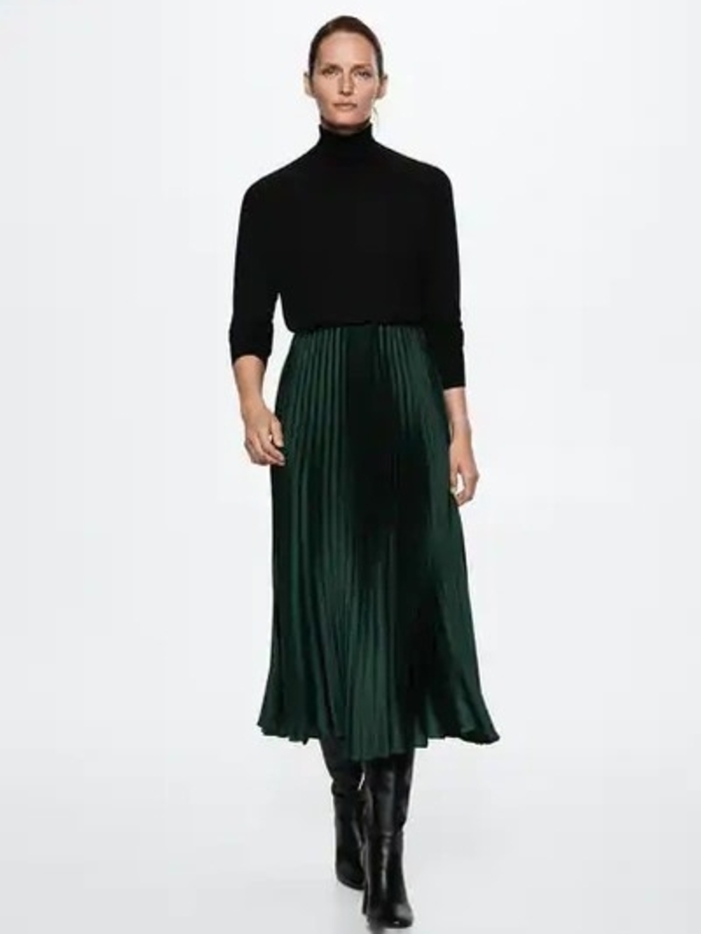 Mango Dark Green Pleated Midi Skirt
